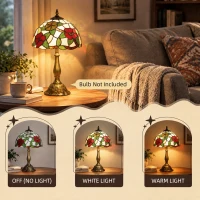 HOMCOM Tiffany Stained Glass Table Lamp, Handmade Antique Bedside Lamp for Bedroom, Living Room, Nightstand, Red Sunflower(m-5)