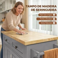 HOMCOM Ilha de Cozinha com Rodas, Carrinho com Tampo em Madeira de Seringueira, 2 Gavetas e Prateleiras Ajustáveis, Cinzento(m-4)