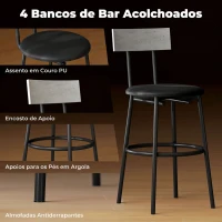 HOMCOM Conjunto de Mesa Alta de Bar com 4 Bancos, Assentos em PU, Encosto e Apoio para os Pés, Cinzento-claro(m-5)