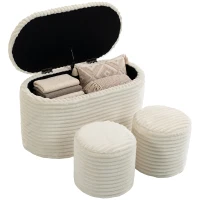 HOMCOM 3-teiliges Stauraum-Pouf-Set aus Rippensamt für Wohnzimmer und Schlafzimmer, Creme(m-8)