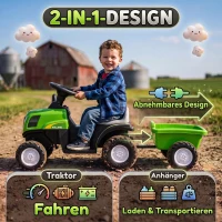 AIYAPLAY Elektryczny traktor dziecięcy z odłączaną przyczepką Traktor na siedzenie z akumulatorem litowym, pedałem nożnym, muzyką, klaksonem, światłem, Grün(m-5)