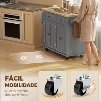 HOMCOM Ilha de Cozinha com Rodas, Carrinho com Tampo em Madeira de Seringueira, 2 Gavetas e Prateleiras Ajustáveis, Cinzento(m-7)