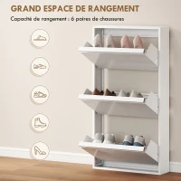 HOMCOM Meuble à Chaussures en Métal 6 Paires, Armoire à Chaussures Étroite avec 3 Tiroirs Rabattables, 55x15x105,5cm, Blanc(m-5)