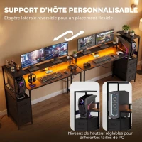 HOMCOM Bureau Gaming 147 x 47 cm, Éclairage RGB, Prises et Ports USB, Support pour Unité Centrale Réglable et Réversible, Noir(m-4)