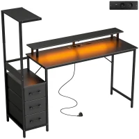 HOMCOM Bureau Gaming 147 x 47 cm, Éclairage RGB, Prises et Ports USB, Support pour Unité Centrale Réglable et Réversible, Noir(m-1)