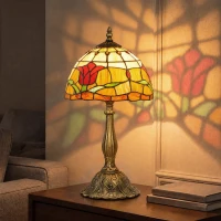 HOMCOM Tiffany Stained Glass Table Lamp, Handcrafted Artisan Lamp, Red, Ø25 x 45H cm, Zinc Alloy(m-2)