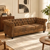 HOMCOM Canapea Chesterfield 3 Locuri din Material Respirabil cu Aspect de Piele, Șezut Lat, Umplutură Groasă, Maro Cafea(m-8)