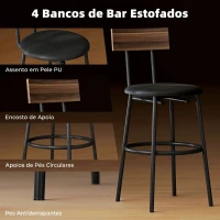 HOMCOM Conjunto de Mesa Alta de Bar com 4 Bancos, Assentos em PU com Encosto e Apoio para os Pés, Castanho(m-5)