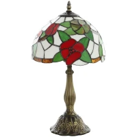 HOMCOM Tiffany Stained Glass Table Lamp, Handmade Antique Bedside Lamp for Bedroom, Living Room, Nightstand, Red Sunflower(m-1)