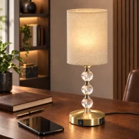 HOMCOM Bedside Lamp, Modern Crystal Decoration Table Lamp with PVC shade, USB A+C Charging Ports, Bulb Not Included, Gold Tone(m-2)