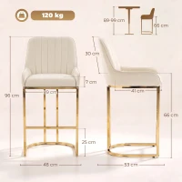 HOMCOM Bar Stools Set of 2 with Backrest, Footrest, Gold Electroplated Legs for Kitchen Island, Dining Room, Cream White(m-3)