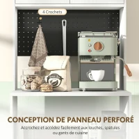 HOMCOM Meuble micro-ondes, buffet, 2 tiroirs, 2 portes, plan de travail, étagère réglable, panneau perforé, 4 crochets, blanc(m-5)