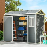 Outsunny 8 x 4 ft Plastic Garden Shed, Wood-Effect Outdoor Storage Shed with Floor, Windows, Lockable Doors and Vents, Light Grey(m-14)