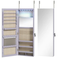 HOMCOM Espelho para Joias de Parede com Luzes LED, Espelho Interior Rebatível e Fechadura, para Parede ou Porta, Roxo(m-1)
