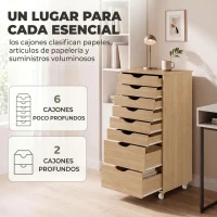 HOMCOM Cajonera Escritorio con 8 Cajones Ruedas Cajonera de Oficina Soporte para Impresora Roble(m-4)