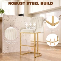 HOMCOM Bar Stools Set of 2 with Backrest, Footrest, Gold Electroplated Legs for Kitchen Island, Dining Room, Cream White(m-7)