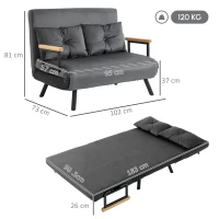 HOMCOM Canapea extensibilă 3 în 1 din material cu efect de catifea cu spătar reglabil și 2 perne, 102x73x81 cm, gri închis(m-3)