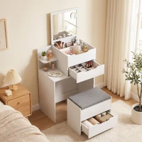 HOMCOM Kaptafel met spiegel en kruk, opklapbare spiegel, make-uptafel met lades, wit(m-2)