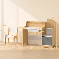AIYAPLAY Secretária Infantil com Cadeira, Cesto de Tecido, Gaveta, 2 Compartimentos e Estantes, para Estudar e Desenhar, 3-8 Anos, Natural(m-3)
