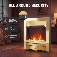 HOMCOM Electric Fireplace Stove Freestanding/Inset, 2000W, Electric Fire with LED Flame, Pebbles, Adjustable Thermostat, Gold(m-7)
