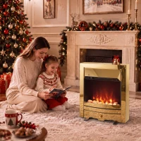 HOMCOM Electric Fireplace Stove Freestanding/Inset, 2000W, Electric Fire with LED Flame, Pebbles, Adjustable Thermostat, Gold(m-8)