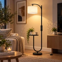 HOMCOM Candeeiro de Pé LED Regulável com Prateleira 11 Temperaturas de Cor e Níveis de Brilho Cúpula Ajustável Comando RF e Interruptor de Pé Preto(m-8)