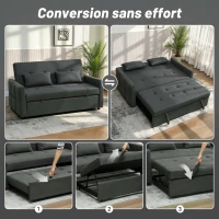 HOMCOM Canapé Convertible 2 Places 3 en 1, Canapé-Lit Clic Clac 160 cm, Dossier Réglable, Assise Large, 2 Oreillers, Gris Foncé(m-4)