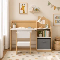 AIYAPLAY Escritorio Infantil con Silla con Caja de Tela Cajón 2 Compartimentos Estantes para Estudiar Dibujar 3-8 Años Natural(m-8)