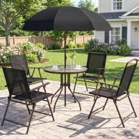 Outsunny Ensemble Salon de Jardin 6 pcs - Table Ronde + 4 chaises Pliables + Parasol - Acier époxy café textilène Polyester Noir(m-10)