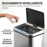 HOMCOM Pattumiera Automatica con Sensore 40 L in Acciaio Inox Anti-Impronta, Chiusura Ammortizzata, Argento(m-4)