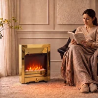 HOMCOM Electric Fireplace Stove Freestanding/Inset, 2000W, Electric Fire with LED Flame, Pebbles, Adjustable Thermostat, Gold(m-2)