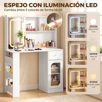 HOMCOM Tocador de Maquillaje Espejo Deslizante Luces LED 3 Colores Cajón 4 Compartimentos Puerta 3 Estantes Abiertos Blanco(m-4)