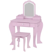 ZONEKIZ Toucador Infantil para Meninas e Meninos Toucador de Maquilhagem com Banco Espelho Gaveta e Caixas de Arrumação Rosa(m-11)