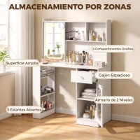HOMCOM Tocador de Maquillaje Espejo Deslizante Luces LED 3 Colores Cajón 4 Compartimentos Puerta 3 Estantes Abiertos Blanco(m-5)