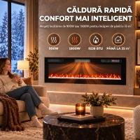HOMCOM Șemineu electric 153 cm, încastrabil/de perete/de podea, ultrasubțire 8,3 cm, cu telecomandă, 900/1800 W, timer, negru(m-6)