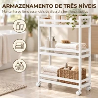 HOMCOM Carrinho Auxiliar de Casa de Banho em Bambu com 3 Níveis e Rodas 55x20x75 cm Branco(m-4)