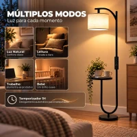 HOMCOM Candeeiro de Pé LED Regulável com Prateleira 11 Temperaturas de Cor e Níveis de Brilho Cúpula Ajustável Comando RF e Interruptor de Pé Preto(m-6)