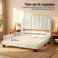 HOMCOM Cadre de Lit 140 x 190 cm avec Tête Réglable, Lit Double Rembourré en Velours, Sommier à 12 Lattes en Bois, Crème(m-4)