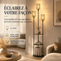 HOMCOM Lampadaire interrupteur pied Lampe sur Pied 3 étagères Noir(m-7)