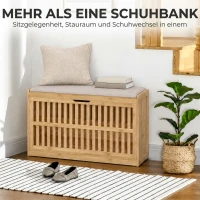 HOMCOM Schuhbank mit Sitzfläche, Bambus Schuhregal mit belüftete Kippaufbewahrung Verstellbare Ablage Sitzkissen 80 x 30 x 48cm(m-4)