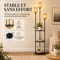 HOMCOM Lampadaire interrupteur pied Lampe sur Pied 3 étagères Noir(m-6)