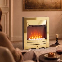 HOMCOM Electric Fireplace Stove Freestanding/Inset, 2000W, Electric Fire with LED Flame, Pebbles, Adjustable Thermostat, Gold(m-9)