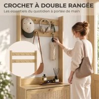 HOMCOM Porte-Manteau 2 en 1, Meuble d'Entrée avec Meuble à Chaussures, Portes Effet Rotin et 8 Crochets, Bois Naturel(m-5)