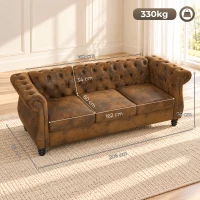 HOMCOM Divano 3 Posti Chesterfield con Seduta Ampia in Tessuto Effetto Pelle, 206x82x76 cm, Caffè(m-3)