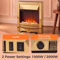 HOMCOM Electric Fireplace Stove Freestanding/Inset, 2000W, Electric Fire with LED Flame, Pebbles, Adjustable Thermostat, Gold(m-5)