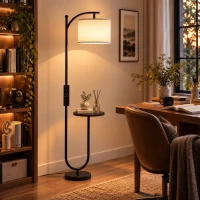 HOMCOM Candeeiro de Pé LED Regulável com Prateleira 11 Temperaturas de Cor e Níveis de Brilho Cúpula Ajustável Comando RF e Interruptor de Pé Preto(m-10)