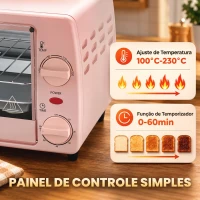 HOMCOM Forno Elétrico de Bancada 10 L 750 W com Temperatura até 230 °C e Temporizador 36,5x26x22 cm Rosa(m-7)