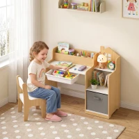 AIYAPLAY Escritorio Infantil con Silla con Caja de Tela Cajón 2 Compartimentos Estantes para Estudiar Dibujar 3-8 Años Natural(m-2)