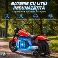 AIYAPLAY Motocicletă Electrică pentru Copii BMW R18 12V, cu Baterie Litiu, 3-8 Ani, Roți Ajutătoare Detașabile, Far, Muzică, Roșie(m-5)