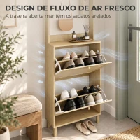 HOMCOM Bengaleiro Sapateira com 2 Gavetas Basculantes, Portas em Rattan, 8 Ganchos, Prateleira Superior e Estrutura em Madeira Natural(m-7)
